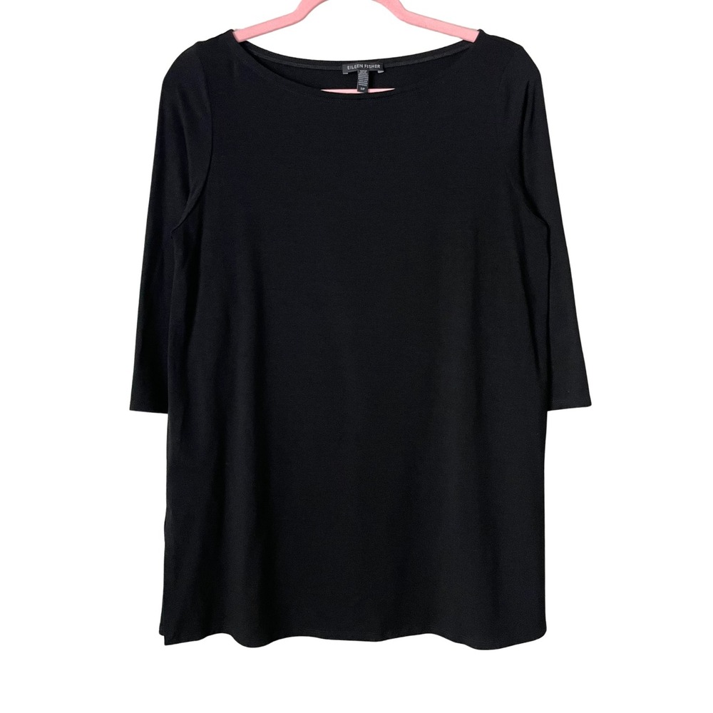 Eileen Fisher Top Womens Small Black‎ Tencel Lyocell Jersey Boat Neck Stretch